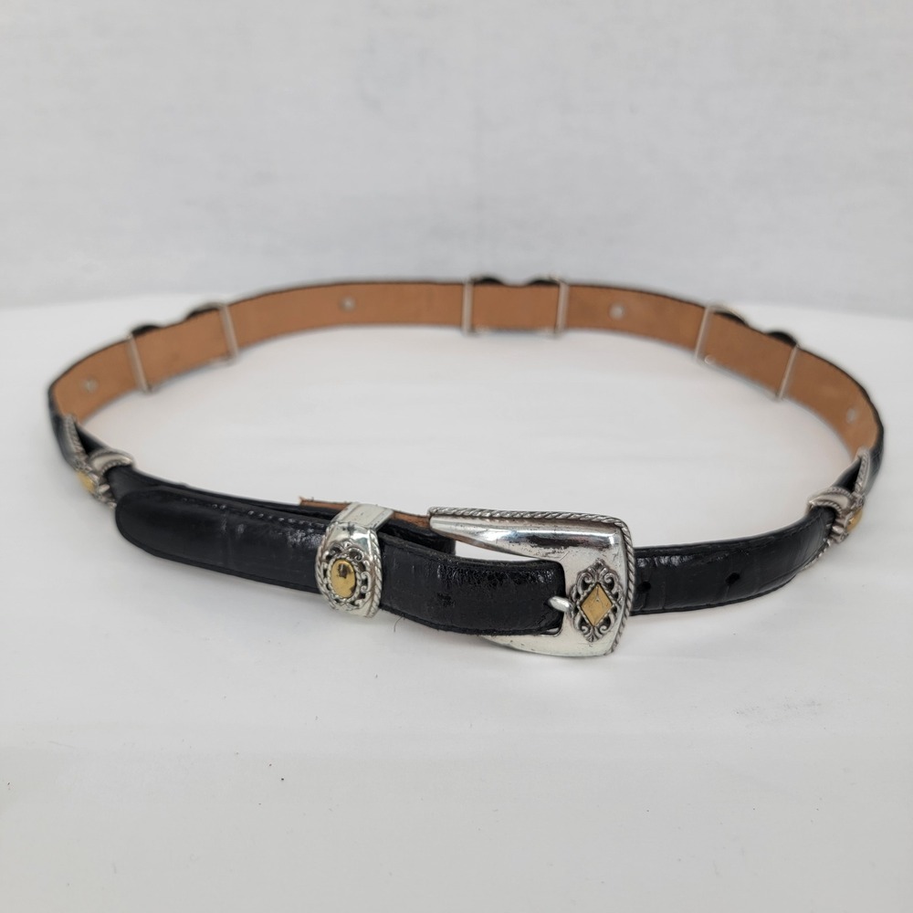 Brighton Black Croc Embossed Leather Western Belt Silver Gold Hardware M 30
